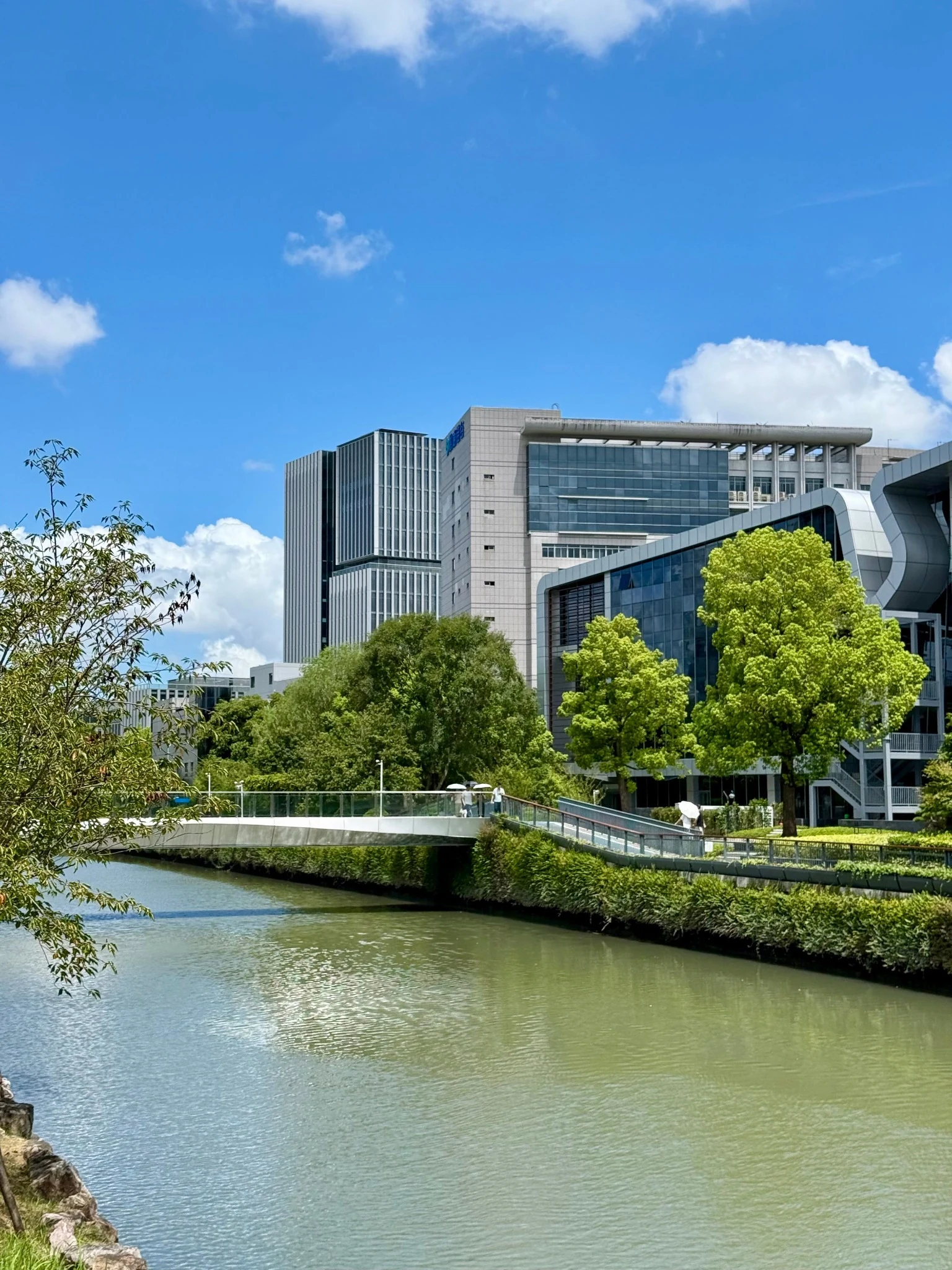 Modern buildings, landscaped grounds and a pedestrian bridge beside the water